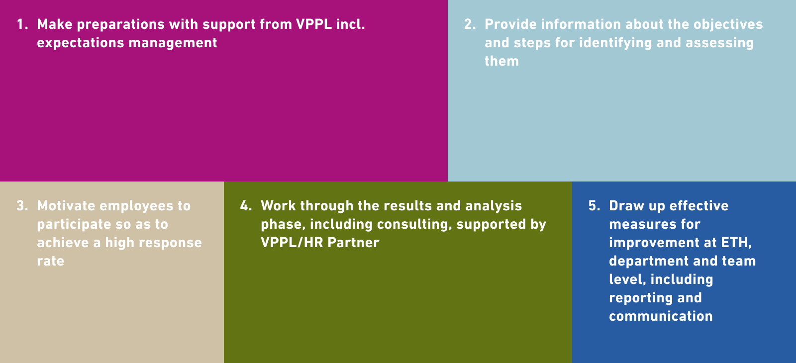 1. Make preparations with support from VPPL incl. expectations management  2. Provide information about the objectives and steps for identifying and assessing them 3. Motivate employees to participate so as to achieve a high response rate 4. Work through the results and analysis phase, including consulting, supported by  VPPL/HR Partner 5. Draw up effective measures for improvement at ETH, research area and team level, including reporting and communication