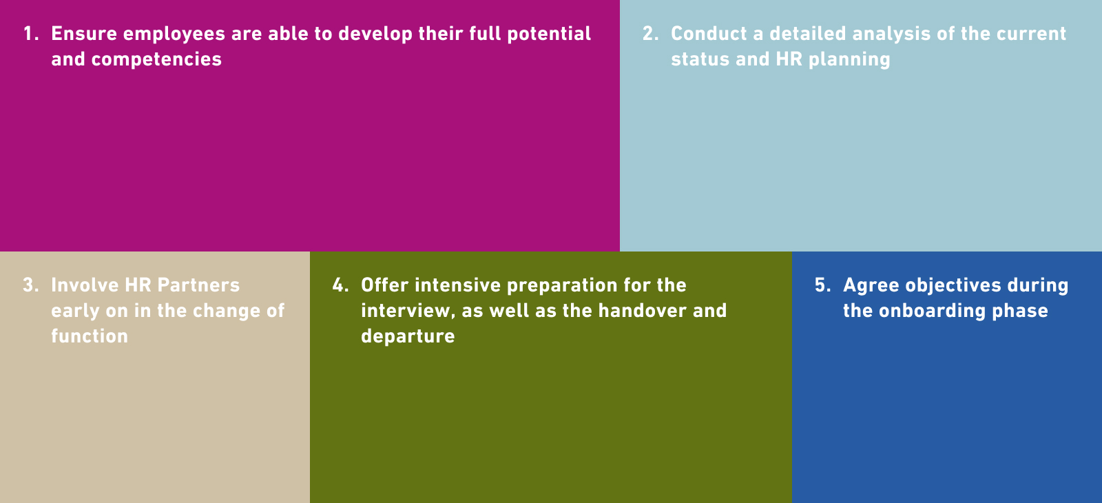 1. Ensure employees are able to develop their full potential and competencies 2. Conduct a detailed analysis of the current status and HR planning 3. Involve HR Partners early on in the change of function 4. Offer intensive preparation for the interview, as well as the handover and departure 5. Agree objectives during the onboarding phase