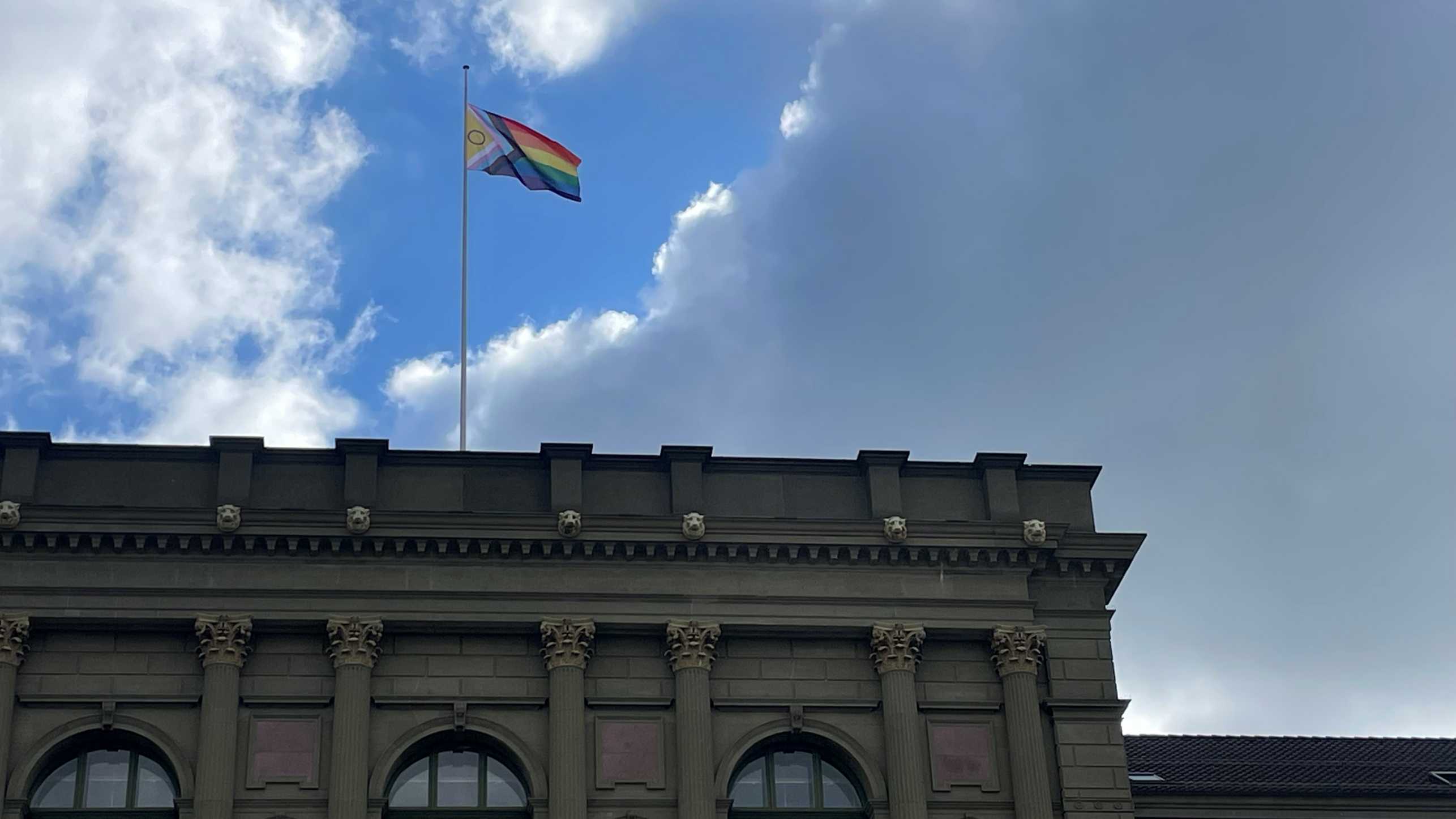 Progress Pride flag on the main building of ETH Zurich