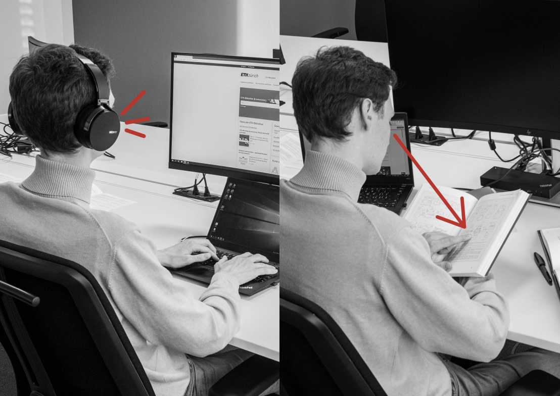 On the left, a student with headphones listens to digital content being read aloud by a screen reader. On the right, the same student reads a book.