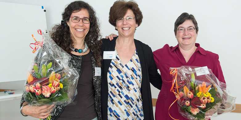 Enlarged view: Viola Vogel, Ursula Keller and Janet Hering shortly after the election at the ETH Zurich Women Professors Forum General Assembly (Photo: D-PHYS/ Heidi Hostettler) 