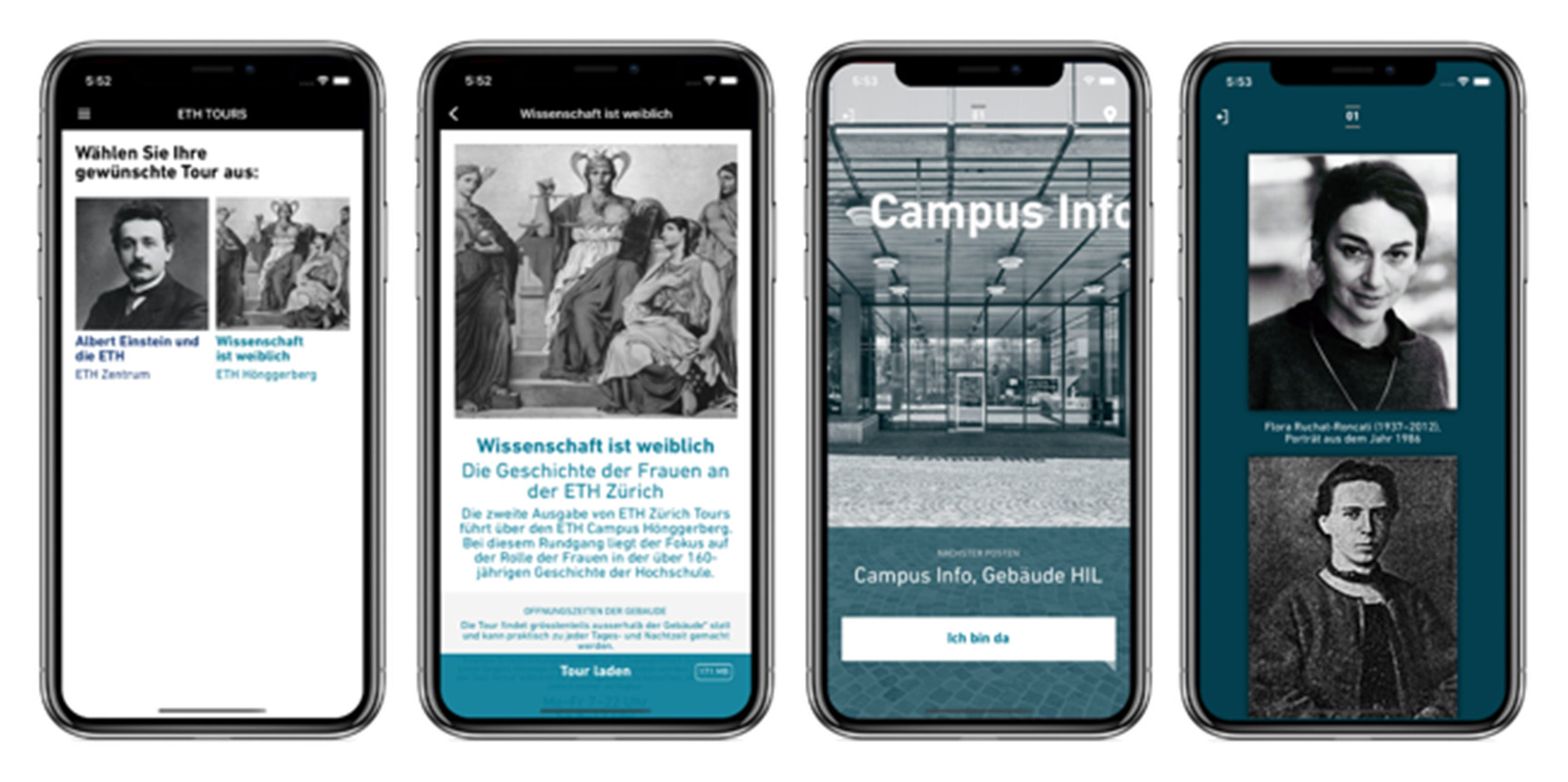 App screens of the ETH Zurich Tours app