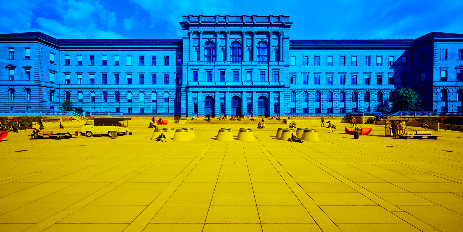 The main building of ETH Zurich in the colours of the Ukrainian flag