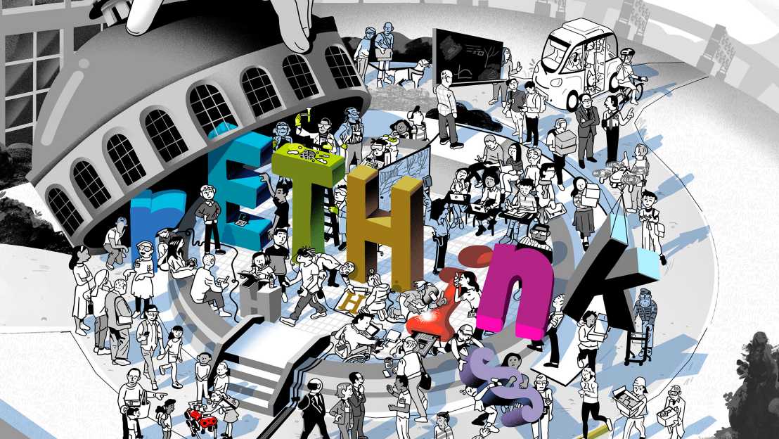 Visualisierung: Bunte Buchstaben des Wortes "rETHink" stehen in der mit Menschen gefüllten ETH-Eingangshalle