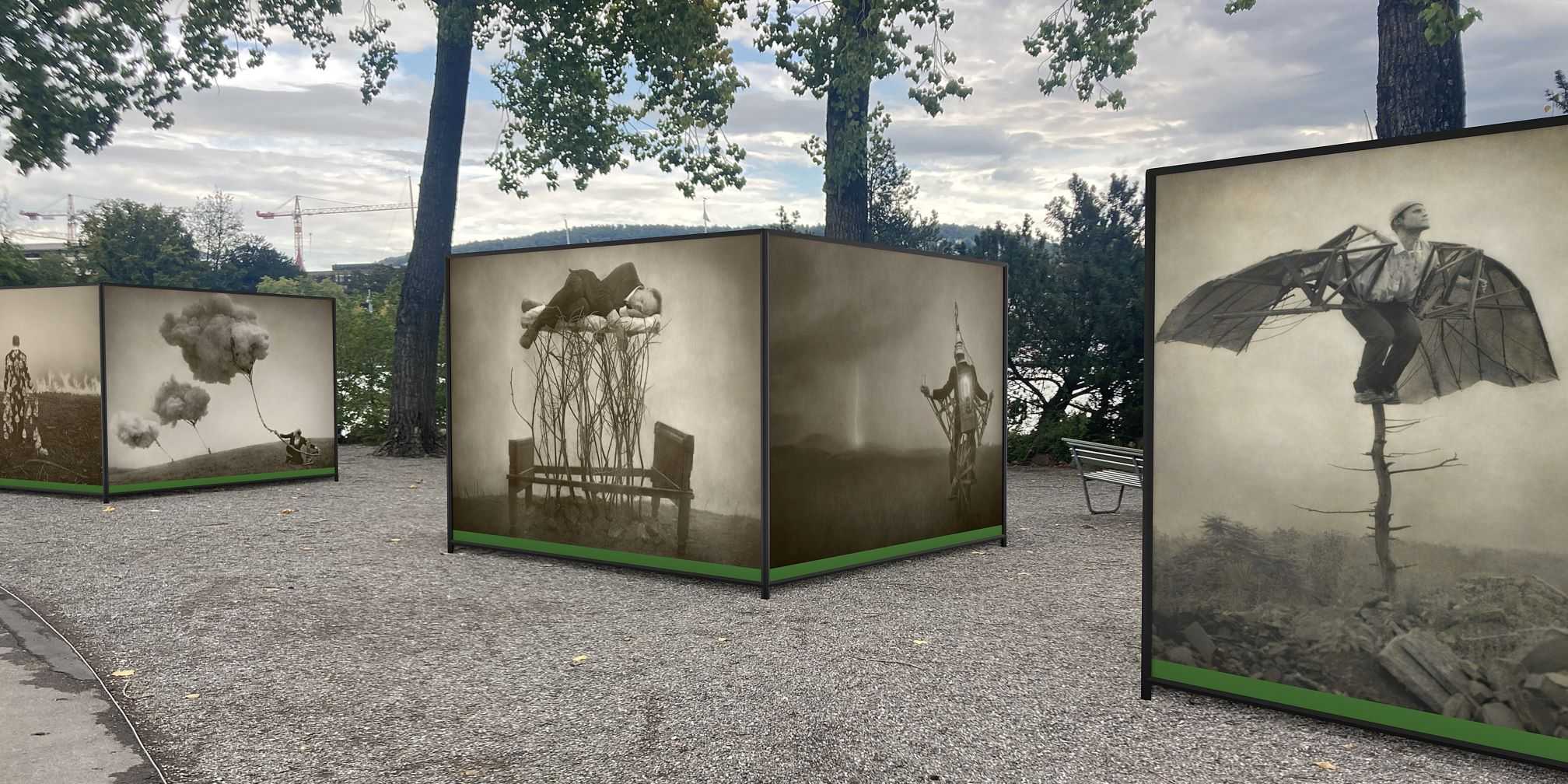 Mock-up of large photo cubes at lake Zurich 
