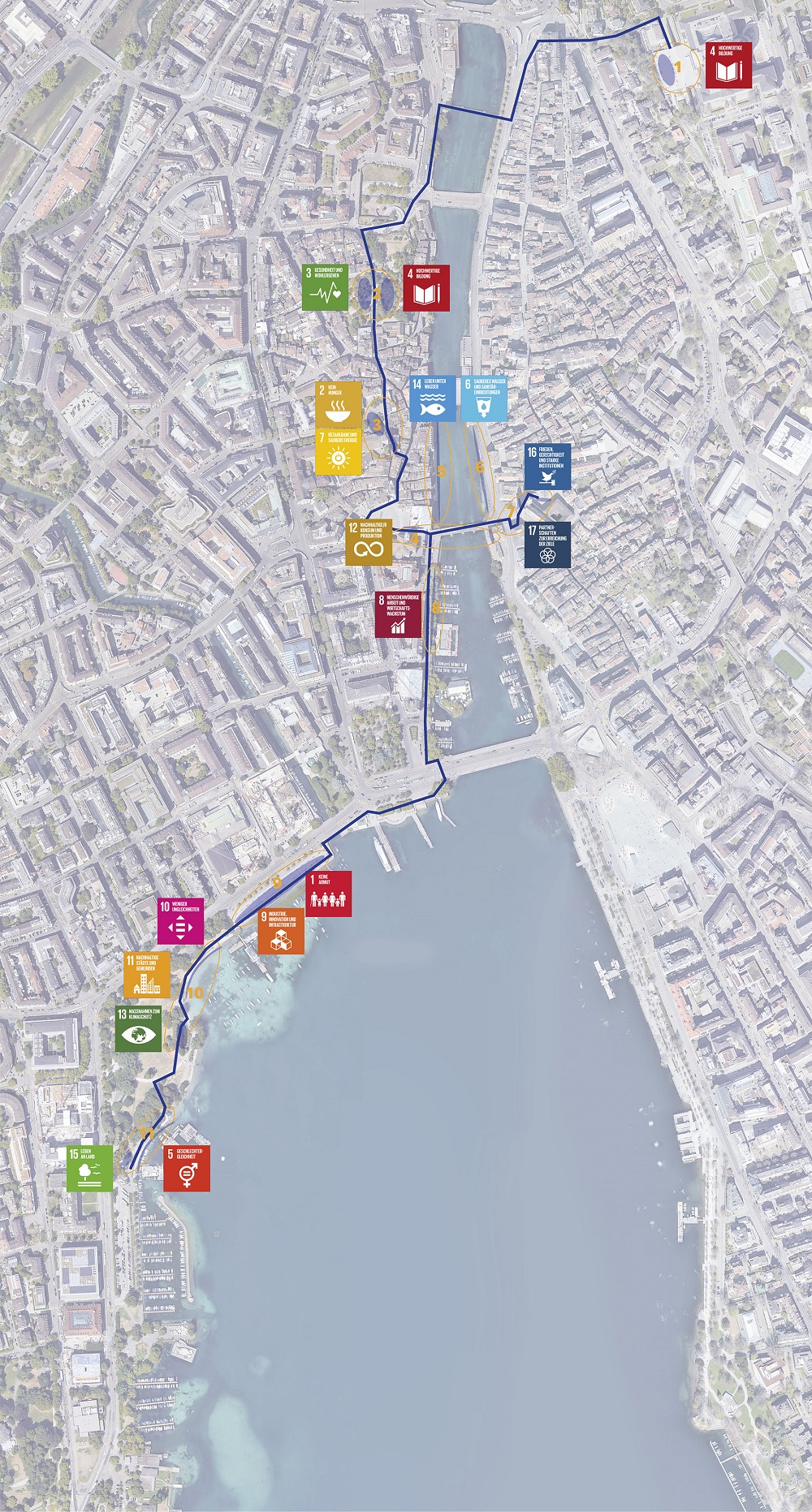 Route map of the open your eyes photo exhibition from ETH polyterrace through the Old Town to Seehafen Enge (3 km)