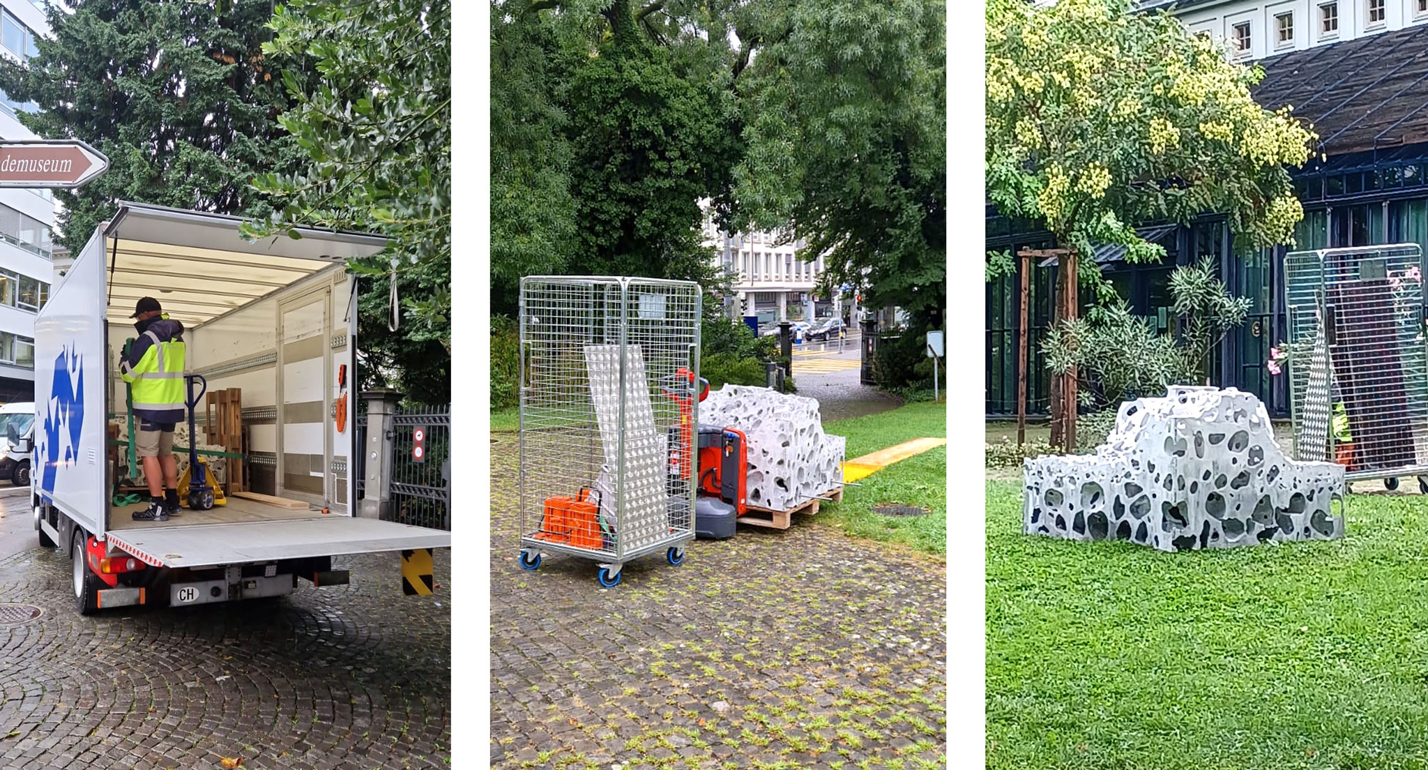 Arrival and set-up of a concrete sculpture in the Old Botanical Garden Zurich.