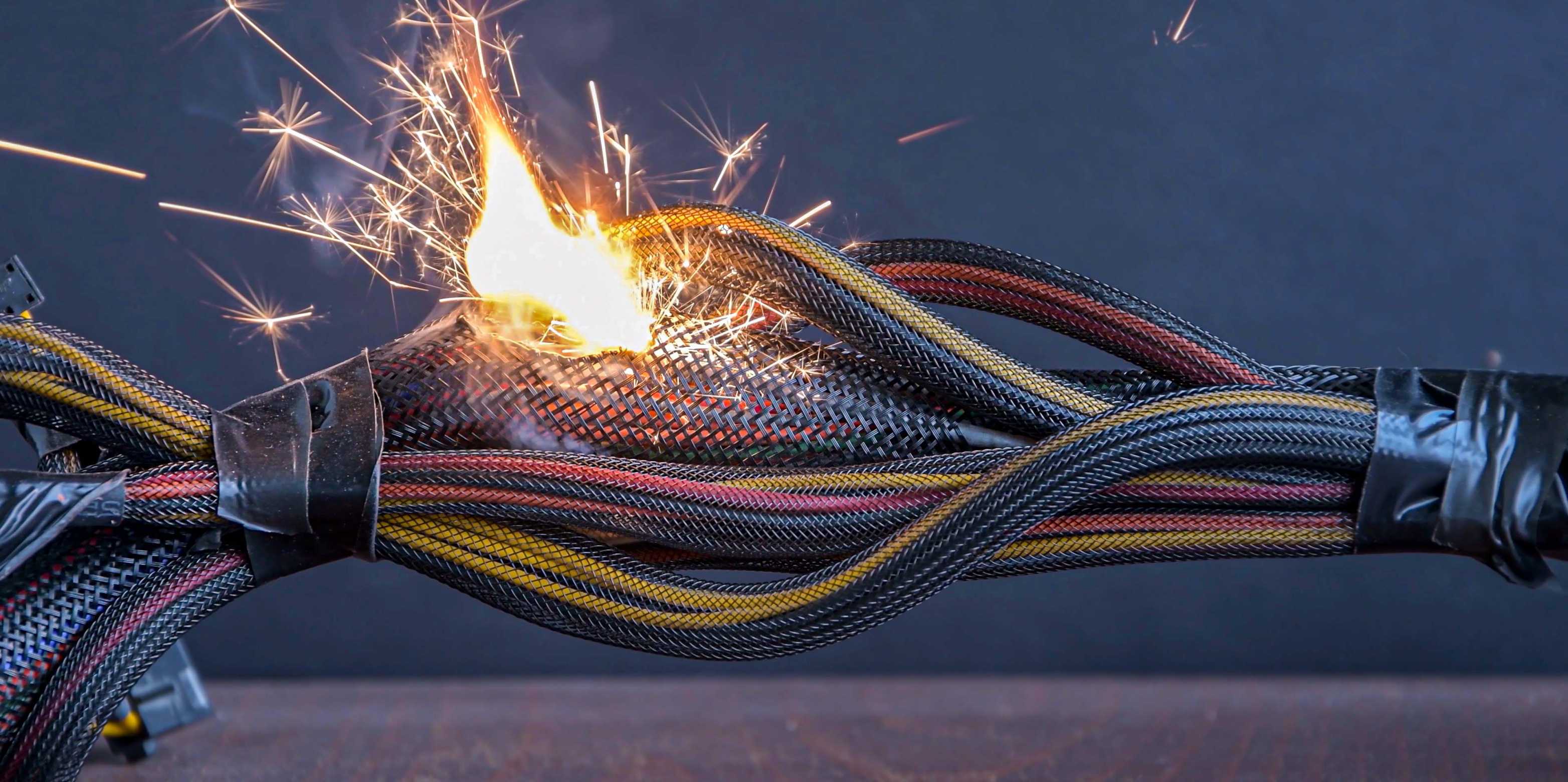 The picture shows a cable in flames illustrating the importance of periodic equipment inspections of electrical devices.