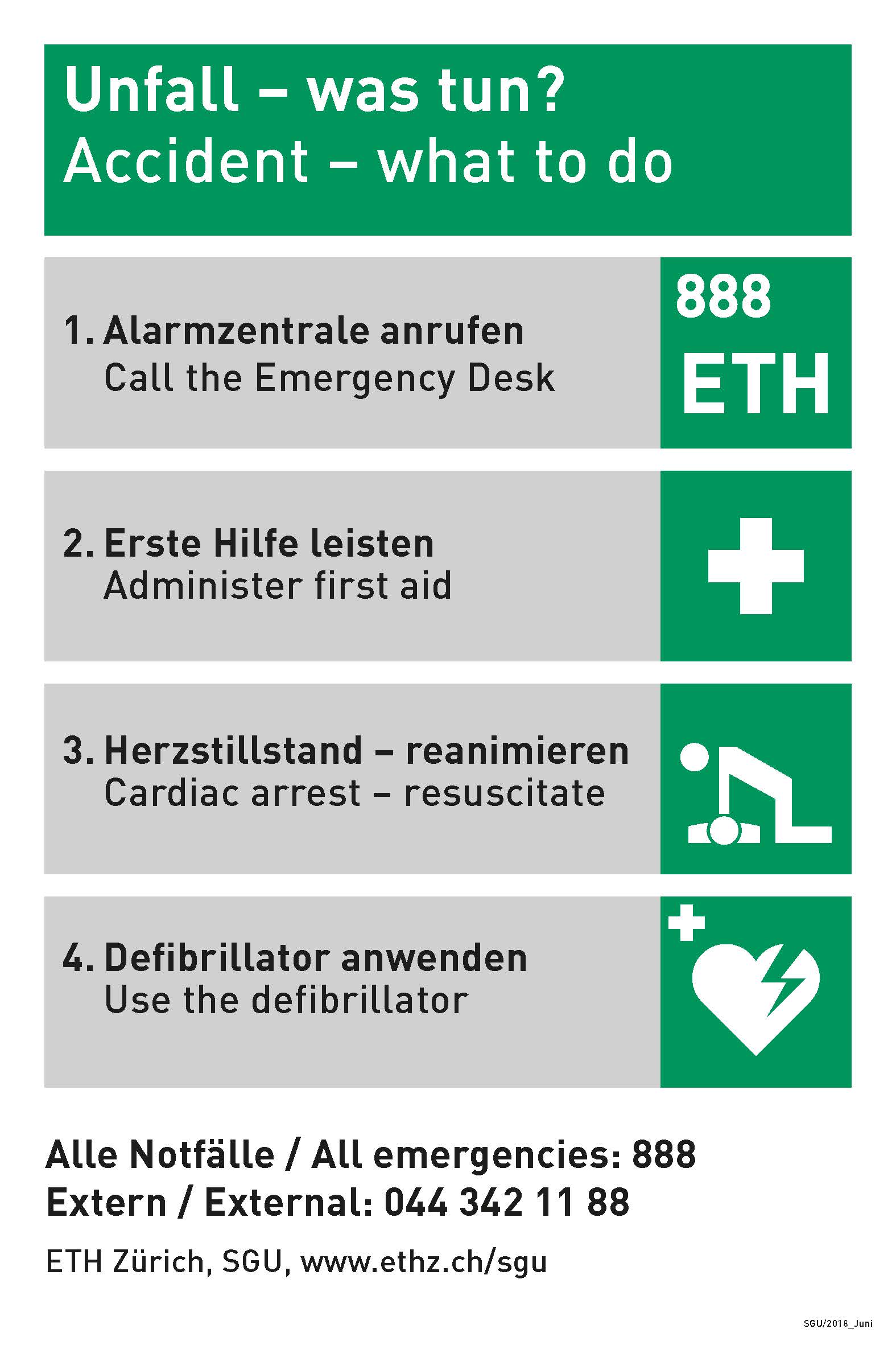 Enlarged view: Accident - what to do? 1. Call 888 2. Administer dirst Aid 3. Cardiac arrest - resuscitate 4. Use defibrillator