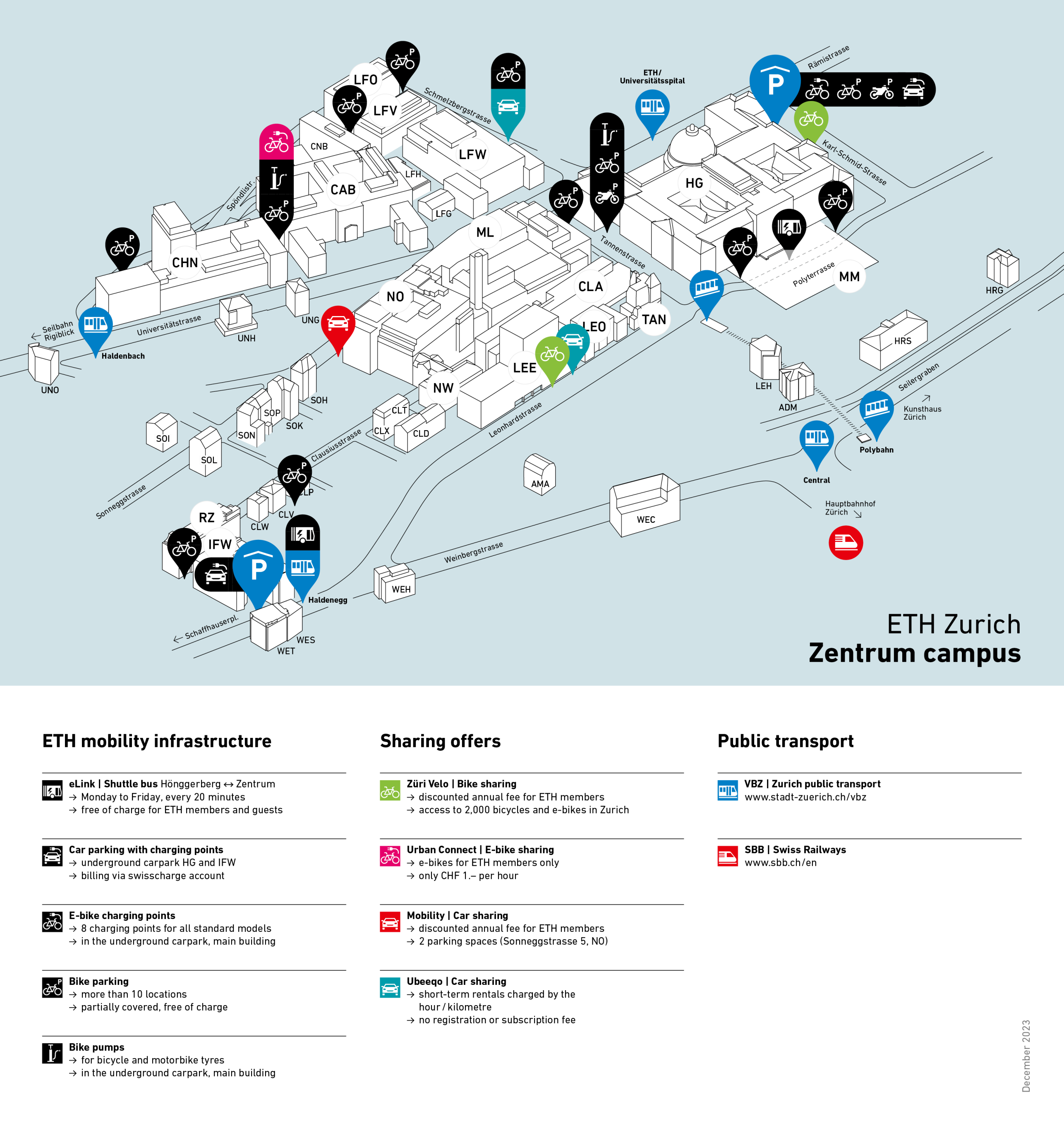 Enlarged view: Locations of ETH mobility services on the Centre Campus