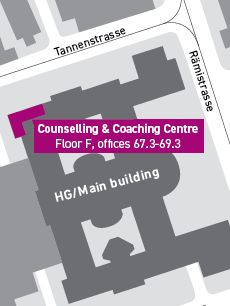 Map showing the ETH main building, the Counselling & Coaching Centre is located on the F Floor, in the offices 67.3 to 69.3.